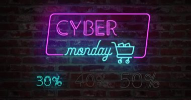 Siber Pazartesi animasyon neon ışığı ve duvarda stilize edilmiş alışveriş arabası. Reklam videosu için yanıp sönen neon ışıklı pankart. % 30% 40 ve% 50 ile satış ve tasfiye kavramı 