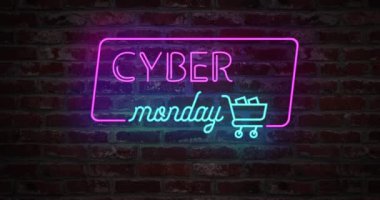 Siber Pazartesi animasyon neon ışığı ve tuğla duvarda stilize edilmiş alışveriş arabası. Reklam videosu için yanıp sönen neon ışıklı pankart. Satış ve geçiş izni kavramı. konsept.