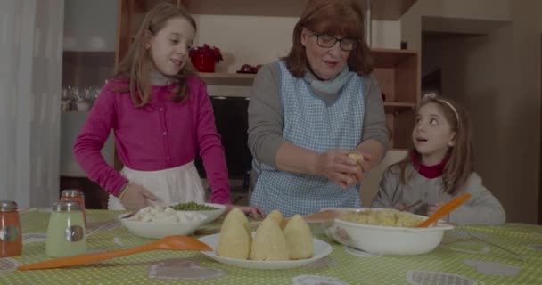 Netas Ajuda Sua Jovem Avó Cozinhar Arancini Comida Típica Siciliana — Vídeo de Stock