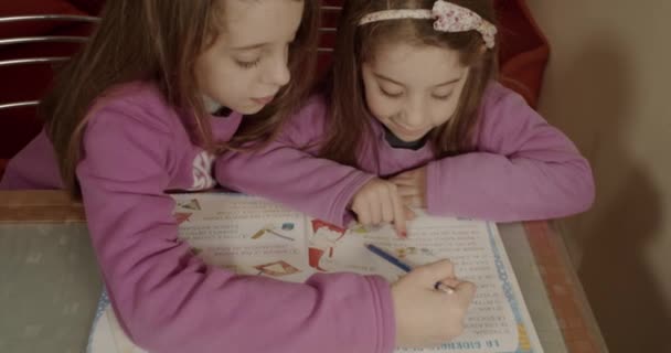 Meisje Helpen Haar Jongere Zus Met Haar Huiswerk Het Bijzonder — Stockvideo