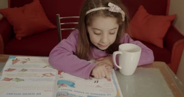 Niña Que Asiste Escuela Primaria Hace Tarea Mientras Aprende Leer — Vídeo de stock