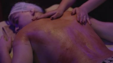 Rahatlamış genç bir kadın kaplıcada çamurdan cilt tedavisi görüyor. Güzellik merkezinde güzellik uzmanı tarafından kilden maske taktıran güzel bir genç kadının portresi..