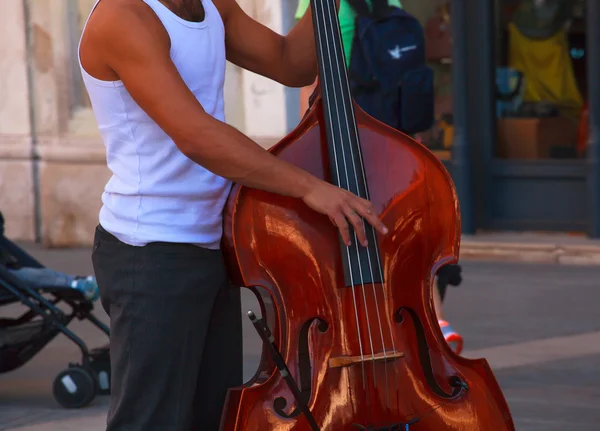 Street musician plays double bass — Stock Photo, Image
