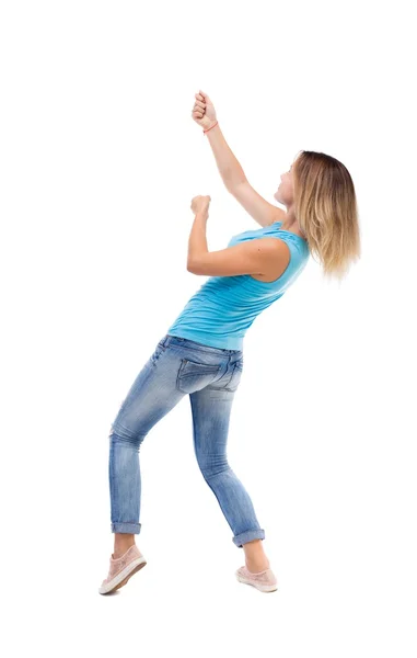 Girl pulling a rope — Stock Photo, Image