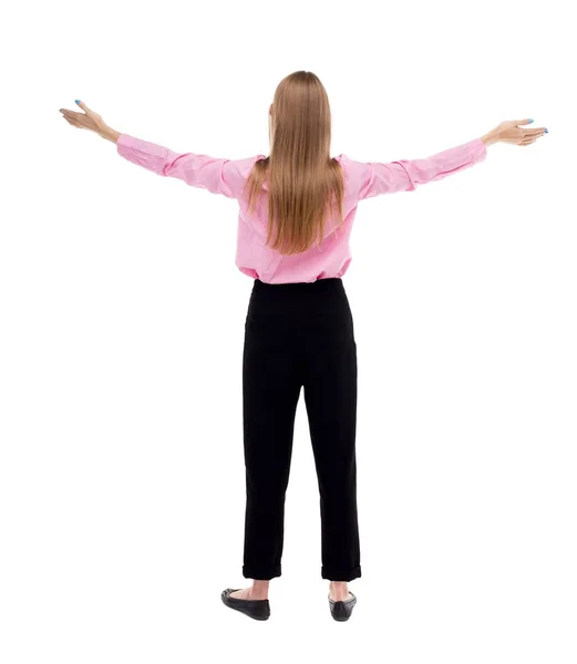 Back view of  business woman.  Raised his fist up in victory sig — Foto Stock