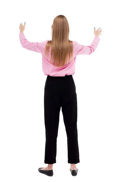 Back view of  business woman.  Raised his fist up in victory sig — Stock Photo, Image