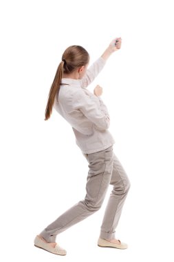 Arkadan ayakta kız bir ip üstten çekerek görünüşü ya da sarılmak