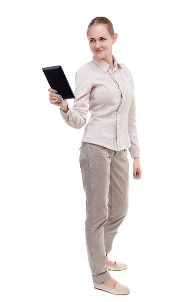 Front view of standing young beautiful  girl with tablet compute — 图库照片