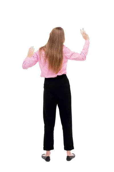 Back view of  business woman.  Raised his fist up in victory sig — Stock Fotó