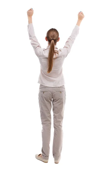 Back view of  business woman.  Raised his fist up in victory sig — Foto Stock