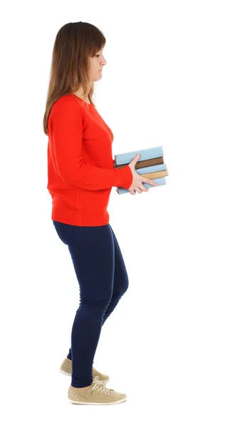 Chica viene con pila de libros. —  Fotos de Stock