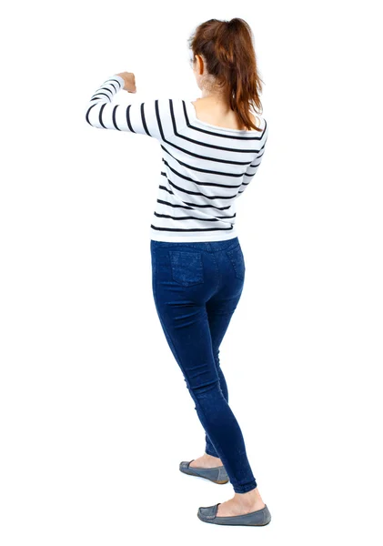 Achteraanzicht van vrouw grappig gevechten zijn armen en benen zwaaien. — Stockfoto