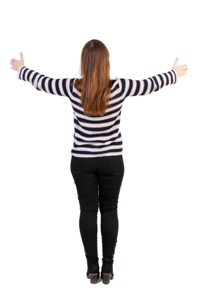 Back view of beautiful woman welcomes. — Stock Photo, Image