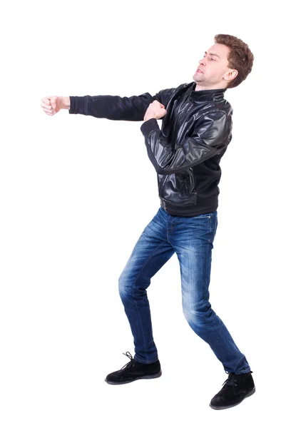 Back view of guy funny fights waving his arms and legs. — Stock Photo, Image