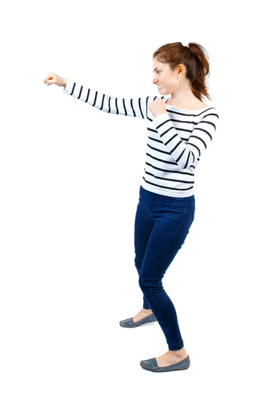 Vista posterior de peleas divertidos mujer agitando sus brazos y piernas. — Foto de Stock