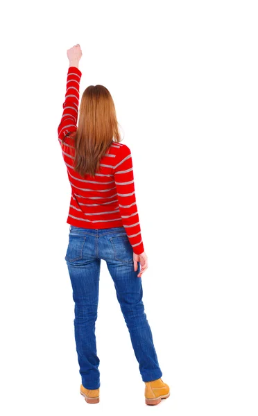 Costas da mulher. levantou a mão em sinal de vitória. — Fotografia de Stock
