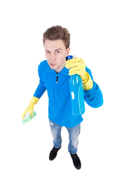 Front view of a houseowner in gloves with sponge and detergent. — Stock Photo, Image