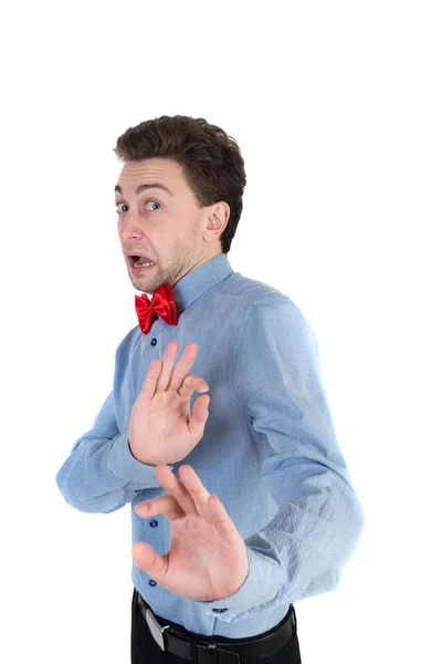 Guy in a shirt and bow tie locked arms experiencing negative emo — Photo