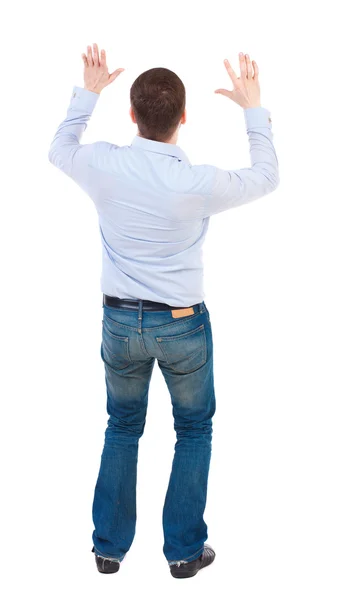 Businessman defends his hands on top of something — Stock Photo, Image