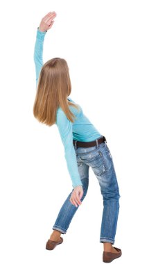 genç kadın Dengeleme. ya da düşen kadın birden kenara çekilip kurtulmak.