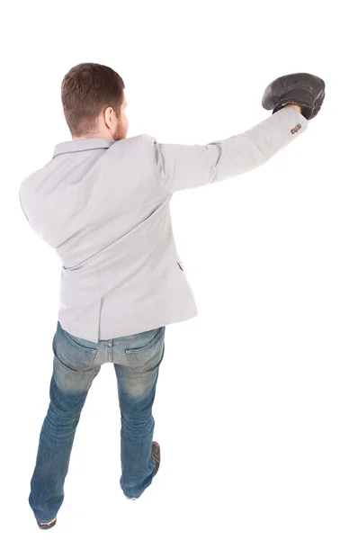 Businessman with boxing gloves in fighting stance. — Stock Photo, Image