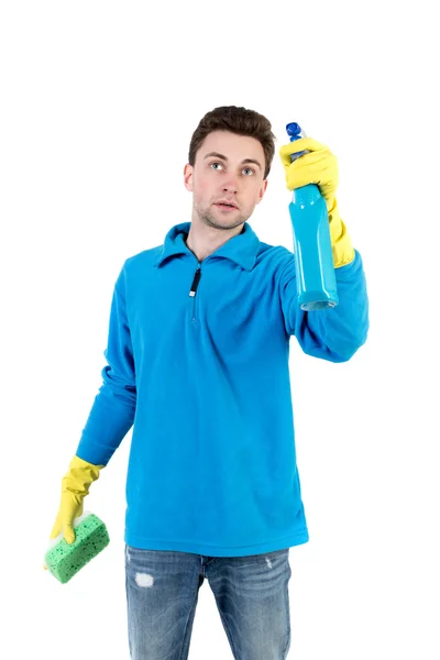 Front view of a houseowner in gloves with sponge and detergent. — Stock Photo, Image