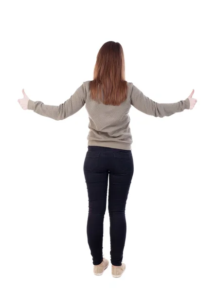 Back view of  woman thumbs up. — Stock Photo, Image