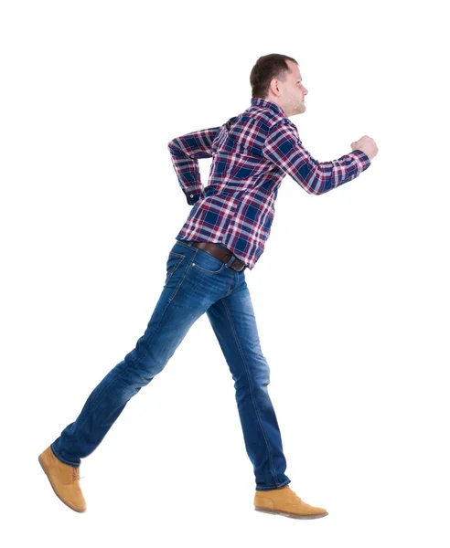 Vista de executando o homem de camisa quadriculada traseira. — Fotografia de Stock