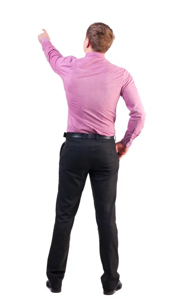 Back view of  pointing young business men in  red shirt. — Stock Photo, Image