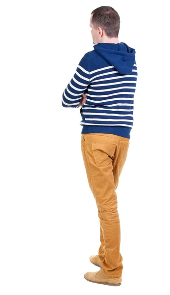 후면 스트라이프 후드 스웨터에 잘생긴 남자의 모습. — 스톡 사진