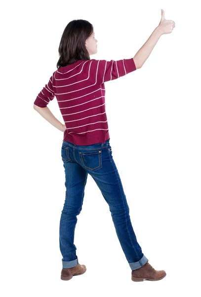 Back view of  woman thumbs up. — Stock Photo, Image