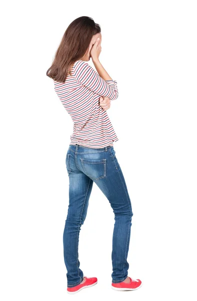 Vista de mulher chocada em jeans azul de volta. gi perturbado jovem brunete — Fotografia de Stock