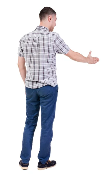 Vista do lado traseiro do homem no handshake de camisa. — Fotografia de Stock