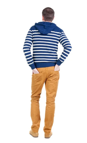 Achteraanzicht van knappe man in gestreepte hooded sweater.. — Stockfoto