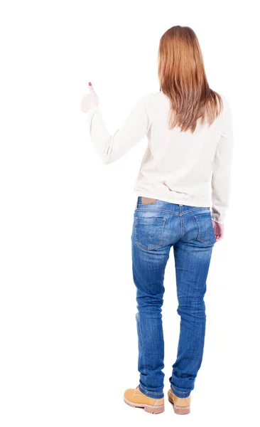 Achteraanzicht van aanwijsapparaat vrouw. — Stockfoto