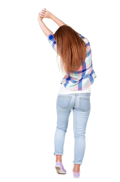 Back view of standing young beautiful redhead woman. — Stock Photo, Image