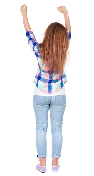 Mujer felizmente saluda a alguien. chica agitando. —  Fotos de Stock