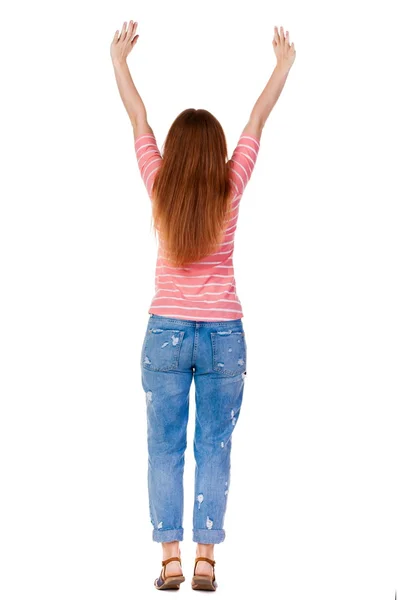 Back view of  joyful woman celebrating victory hands up. — Stock Photo, Image