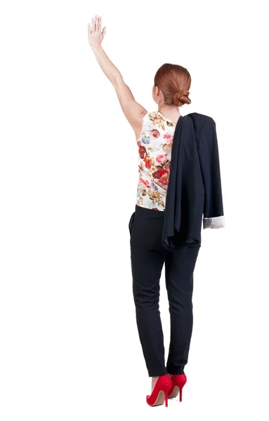 Back view of beautiful business woman welcomes. — Stock Photo, Image