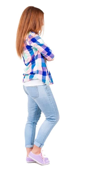 Achteraanzicht van staande jonge mooie redhead vrouw. — Stockfoto