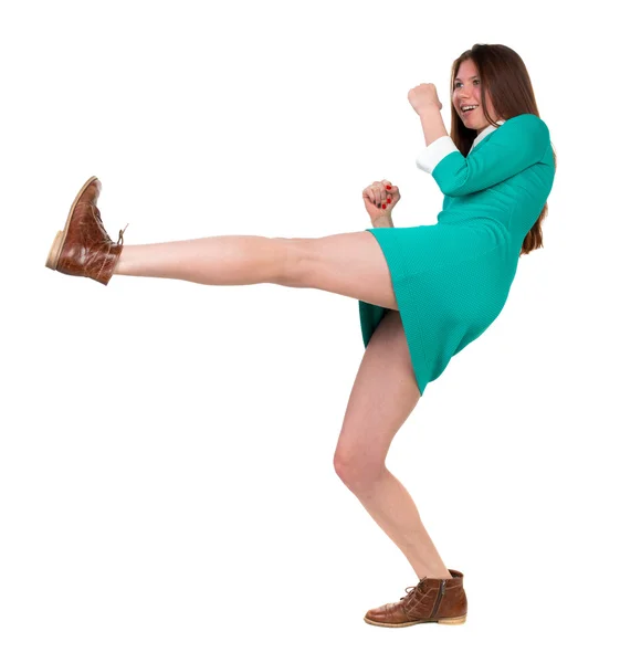 Skinny femme drôle bat en agitant les bras et les jambes. — Photo