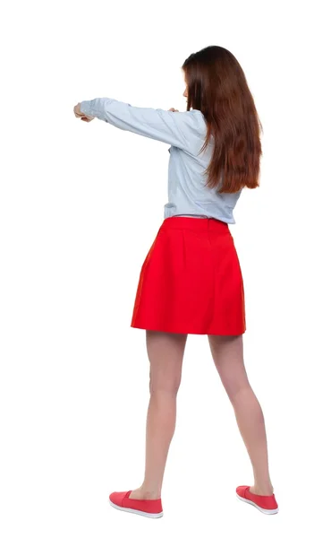 Skinny woman funny fights waving his arms and legs. — Stock Photo, Image