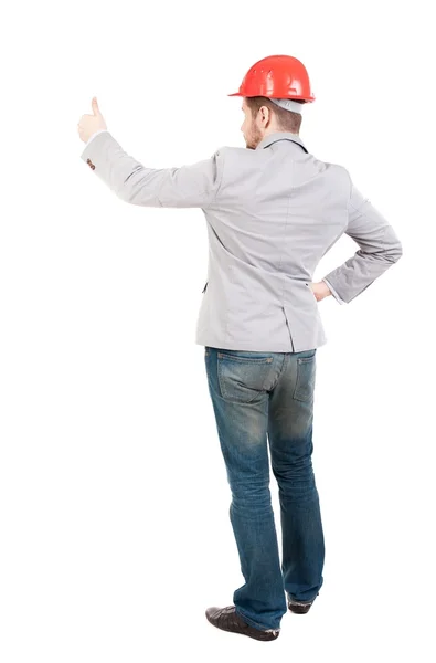 Vista traseira do homem de negócios mostra polegares — Fotografia de Stock