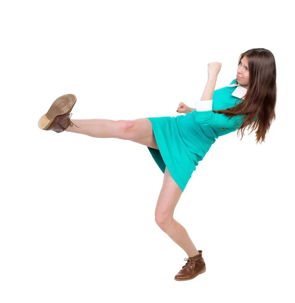 Magere vrouw grappig vecht zijn armen en benen zwaaien. — Stockfoto