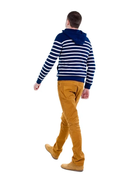Vista posterior de caminar hombre guapo en pantalones vaqueros y un suéter de rayas. — Foto de Stock