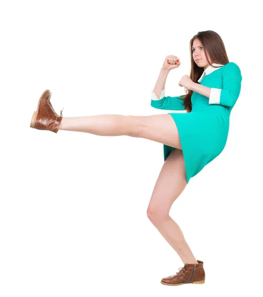 Hubená žena legrační bojuje, mávající ruce a nohy. — Stock fotografie