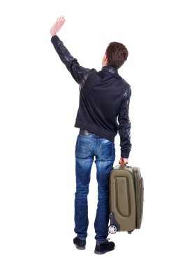 Back view man with green suitcase greeting waving clipart