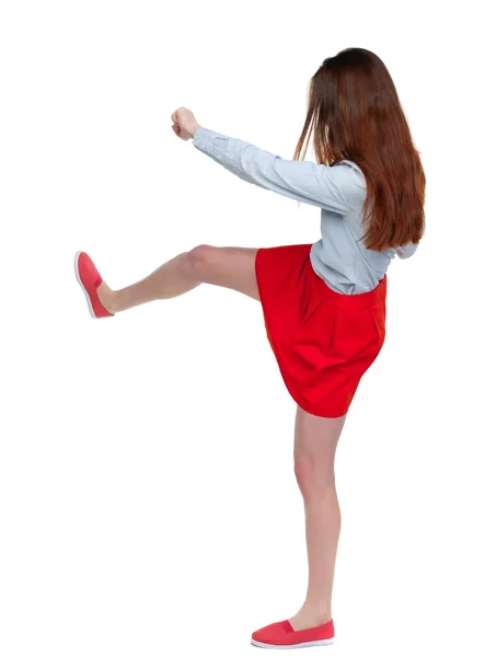 Skinny woman funny fights waving his arms and legs. — Stock Photo, Image
