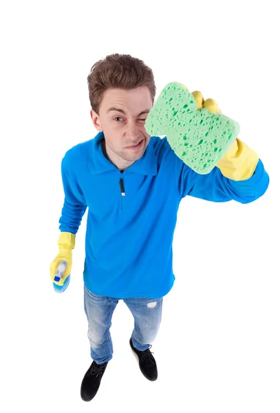 Vista frontal de un houseowner en guantes con esponja y detergente. — Foto de Stock