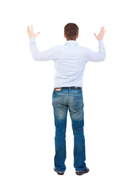 Businessman defends his hands on top of something — Stock Photo, Image